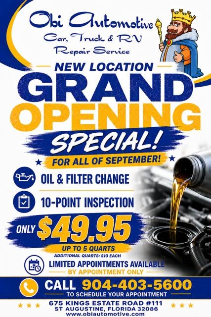 Grand Opening Special — Oil & Filter Change + 10-Point Inspection $49.95