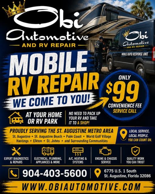 Obi Automotive Mobile RV Repair — $99 convenience fee, we come to you in St. Augustine FL